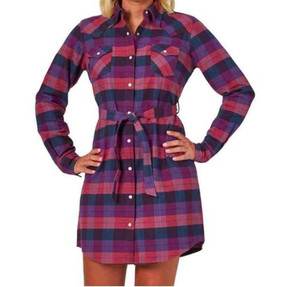 Wrangler Retro Plaid Flannel Pearl Snap Shirt Dress Purple Pink LWD814M Small NW